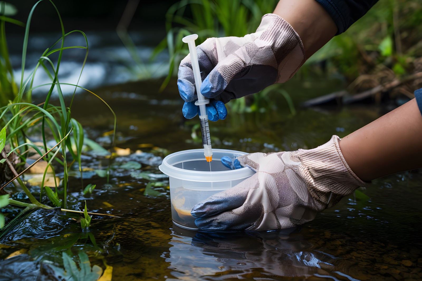 A researcher uses a syringe for an environmental sampling procedure.